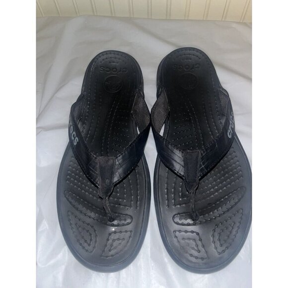 CROCS Black Leather rubber Thong Sandals Size 9 - Picture 3 of 11